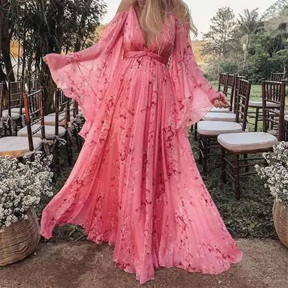 Zwierige Roze Chiffonjurk met Uitlopende Mouwen - Isabelle