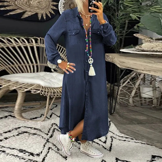 Trendy Denimjurk met Knoopsluiting en Pockets – Isaline