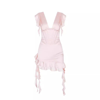 Asymmetrische ruches jurk met V-hals en figuuraccentuering – Elira