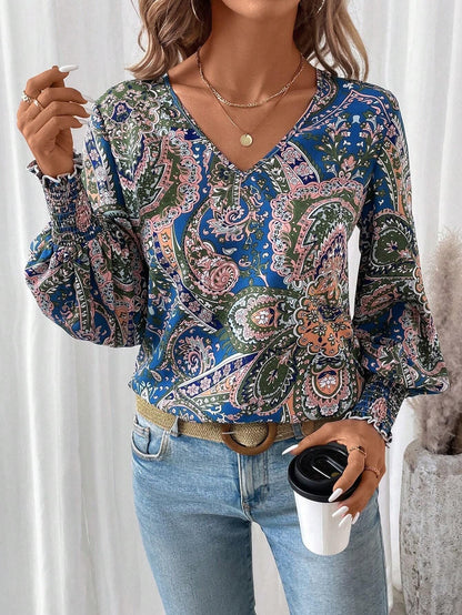 Bloemenprint damesblouse met V-hals en lantaarnmouwen - Malina