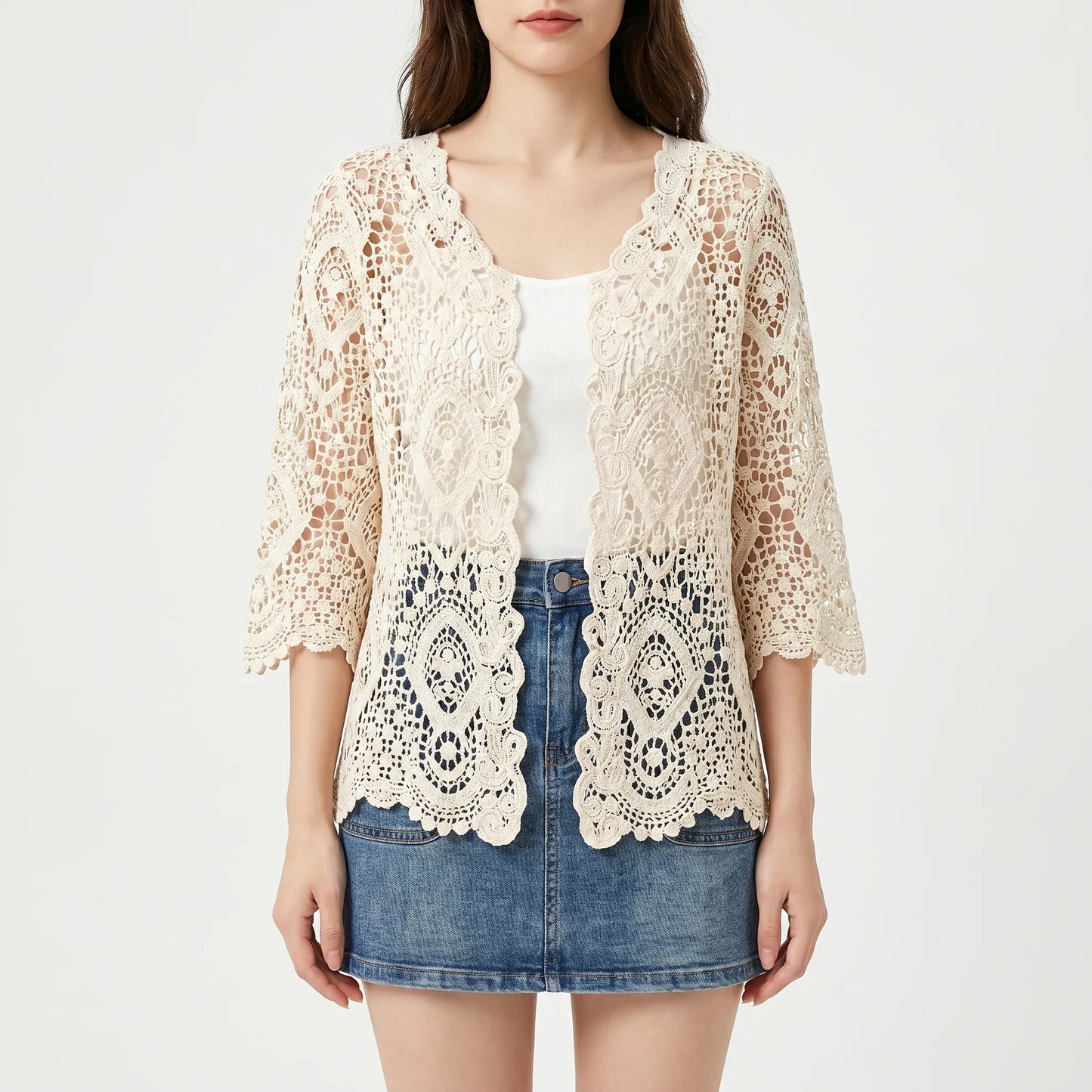 Open Front Crochet Style Cardigan -  Margie