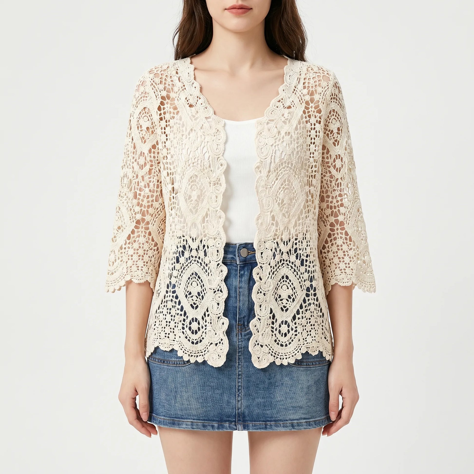 Open Front Crochet Style Cardigan -  Margie