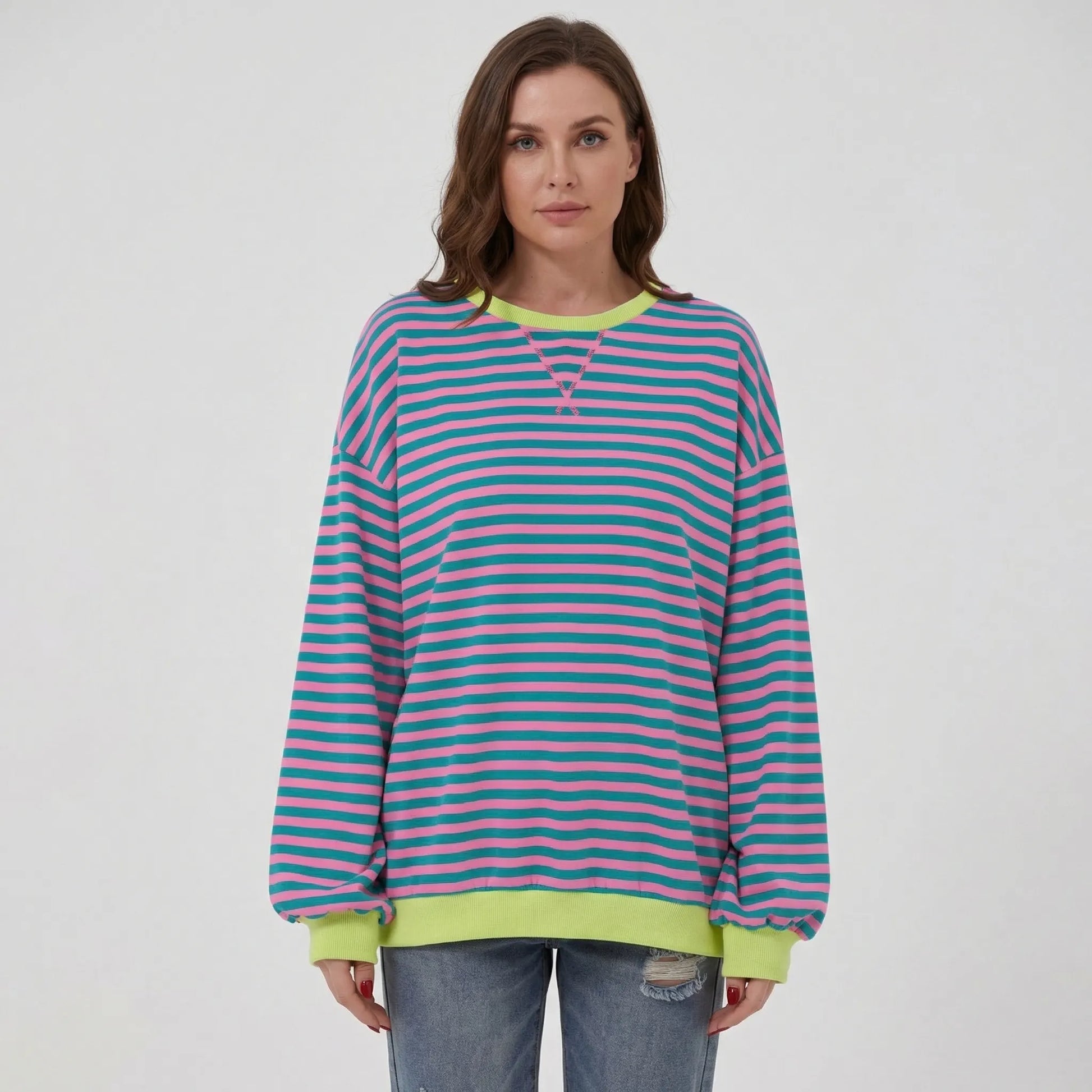 Oversized Striped Crew-Neck Sweatshirt - Holly