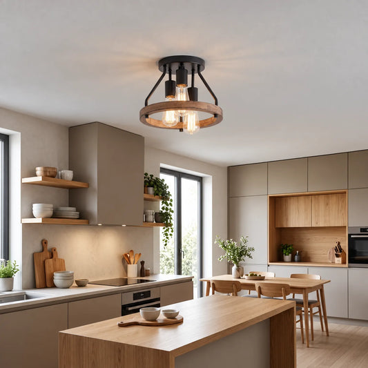 Plafondlamp met 3 Verstelbare Spots voor Gerichte Verlichting – Hout en Metaal