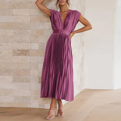 Pleated Midi Dress With V-Neckline - Sandy