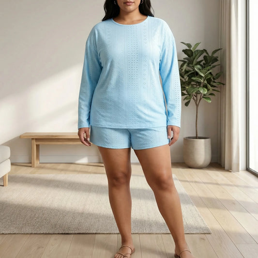 Plus Size Crew Neck Long Sleeve Top And Shorts Set - Charlene