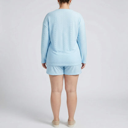 Plus Size Crew Neck Long Sleeve Top And Shorts Set - Charlene