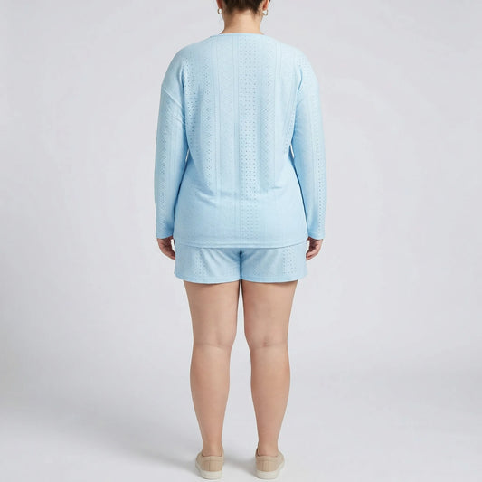 Plus Size Crew Neck Long Sleeve Top And Shorts Set - Charlene