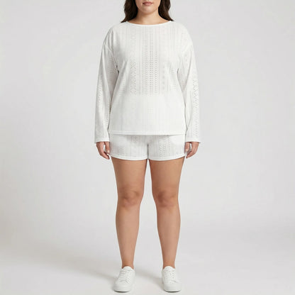 Plus Size Crew Neck Long Sleeve Top And Shorts Set - Charlene