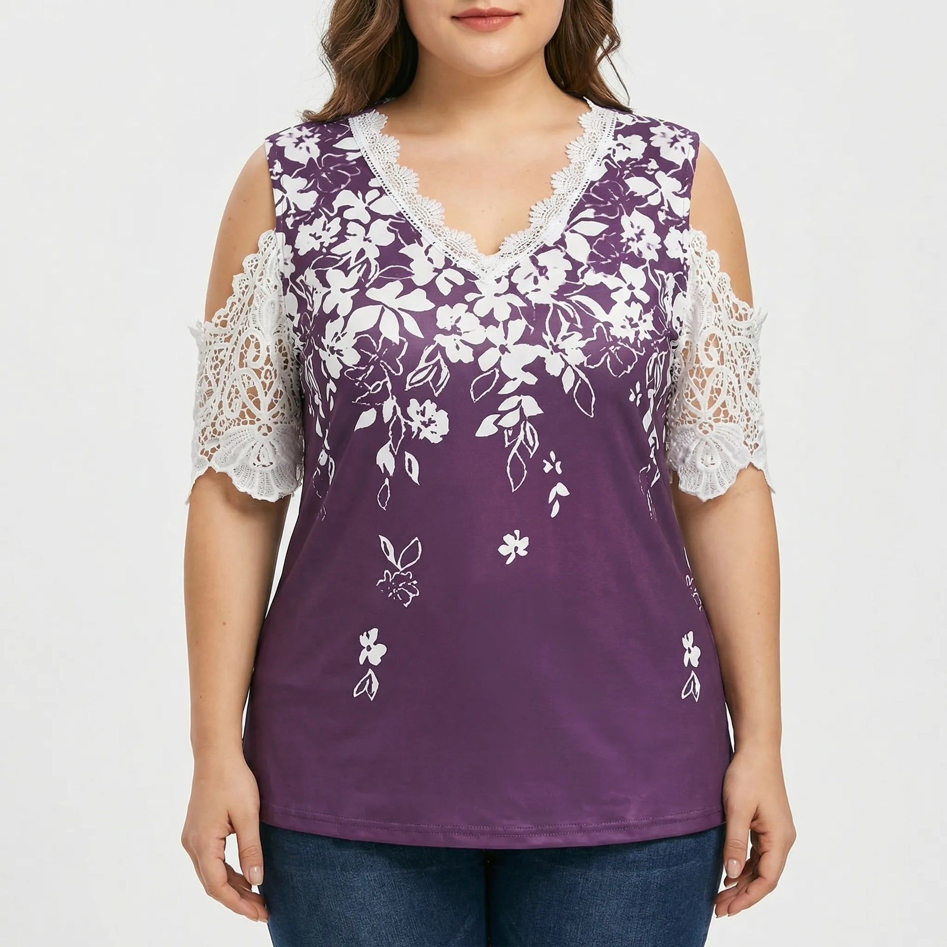 Plus Size Floral Lace Trim Top - Tiffany