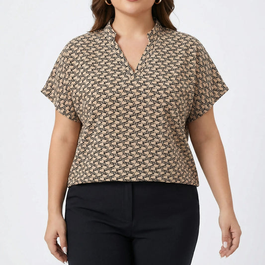 Plus Size Printed V-Neck Blouse - Denise