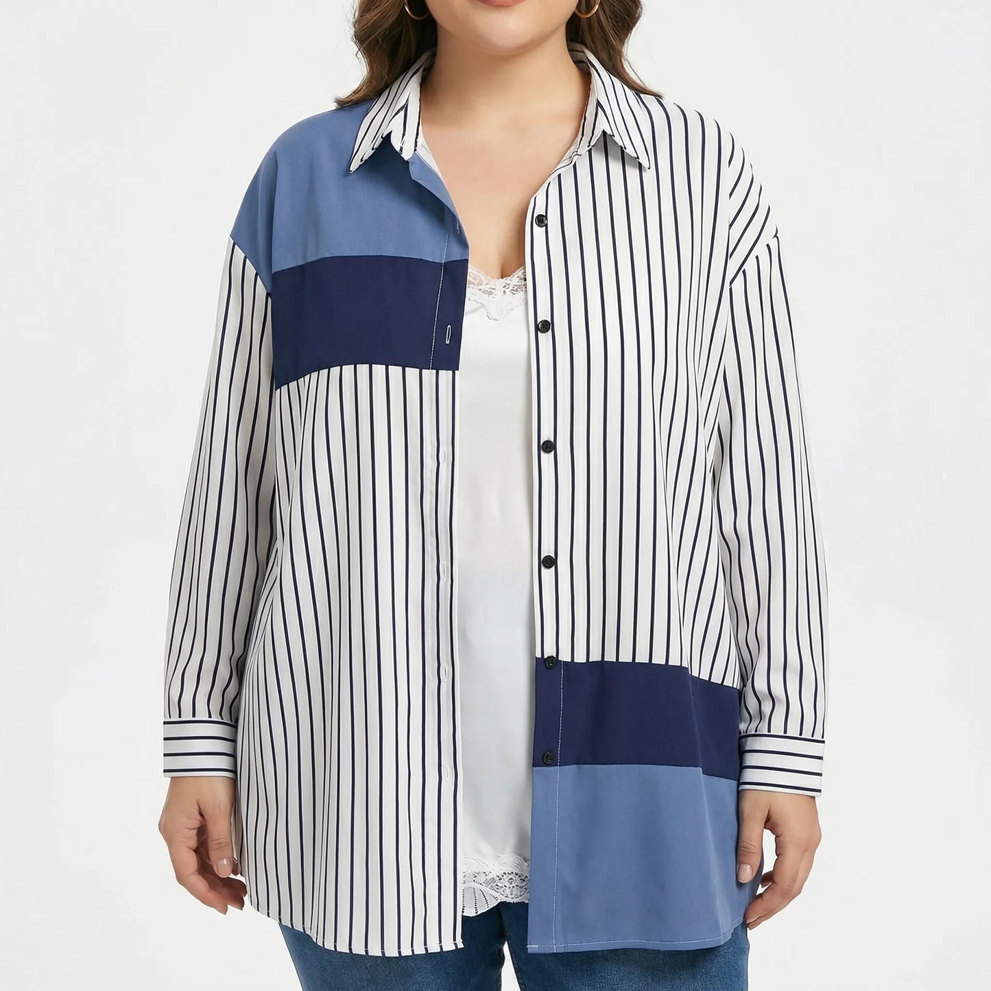 Plus Size Spliced Button-Up Blouse - Wilma