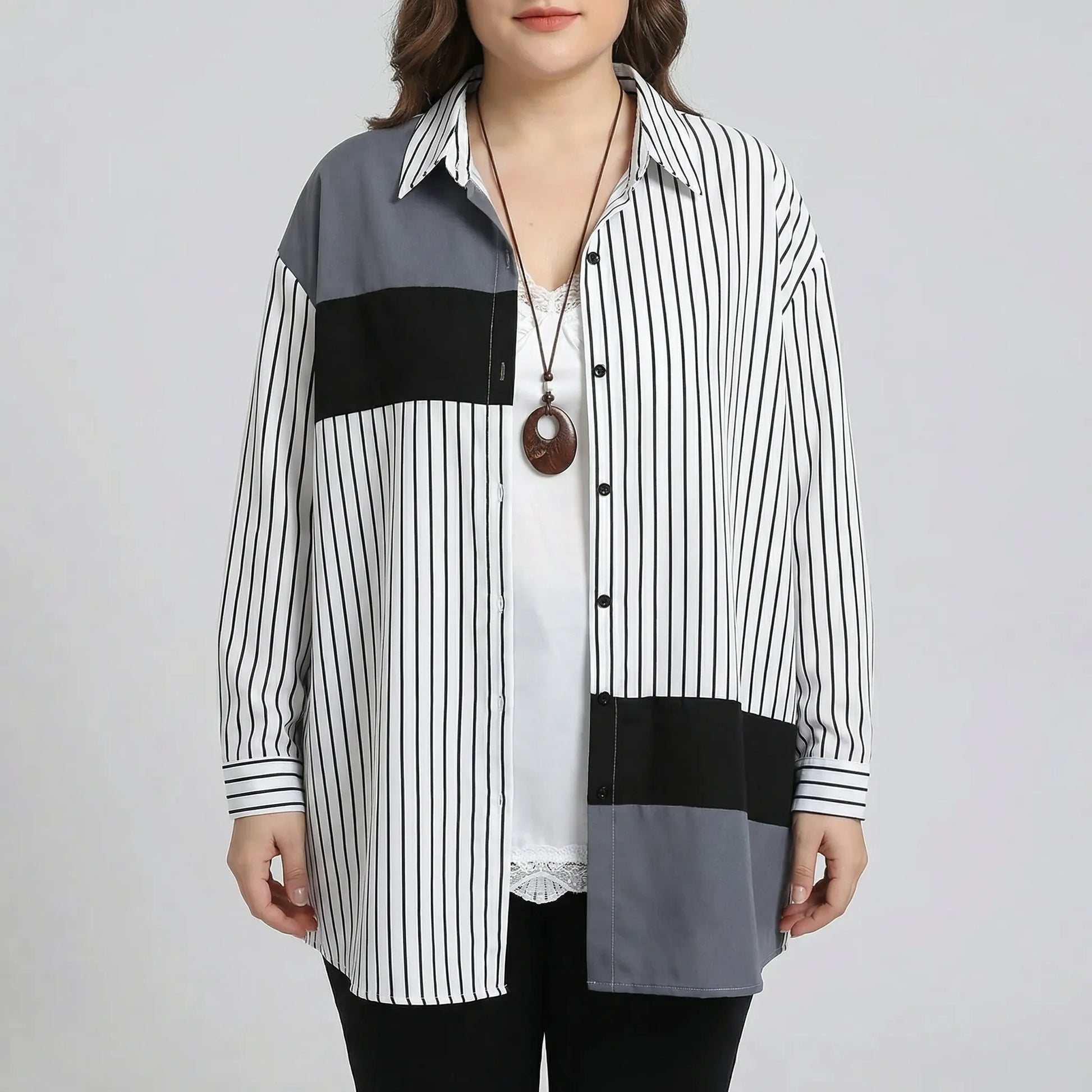 Plus Size Spliced Button-Up Blouse - Wilma