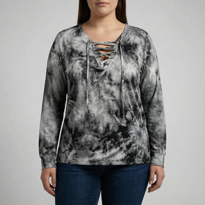 Plus Size Tie-Dye Lace-Up Top - Doreen
