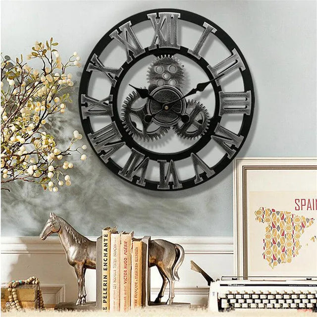 Retro Industriële Wandklok van Hout – Ironwood