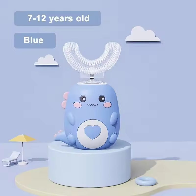 U-vormige kindertandenborstel met sonische reiniging en siliconen opzetstuk.