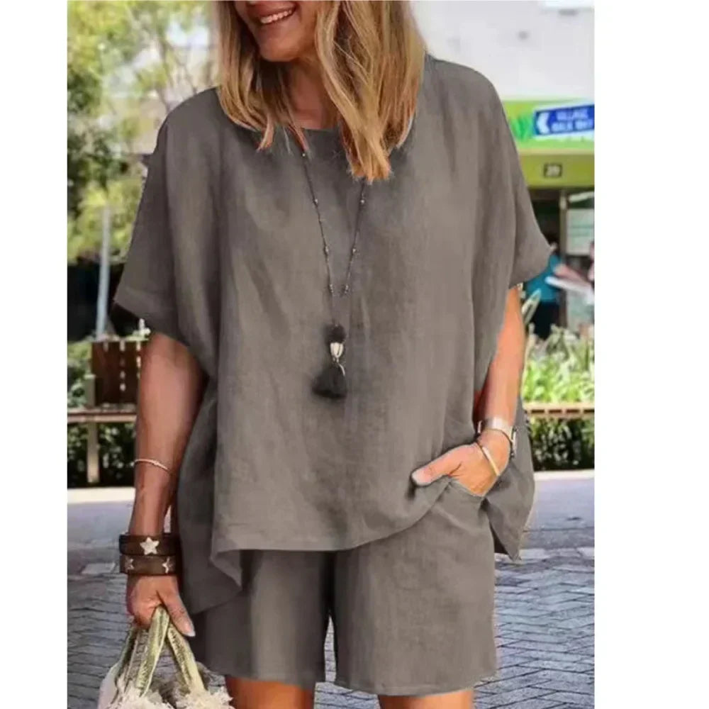 Trendy Tweedelige Linnen Dames Zomerset met Shorts – Nayla