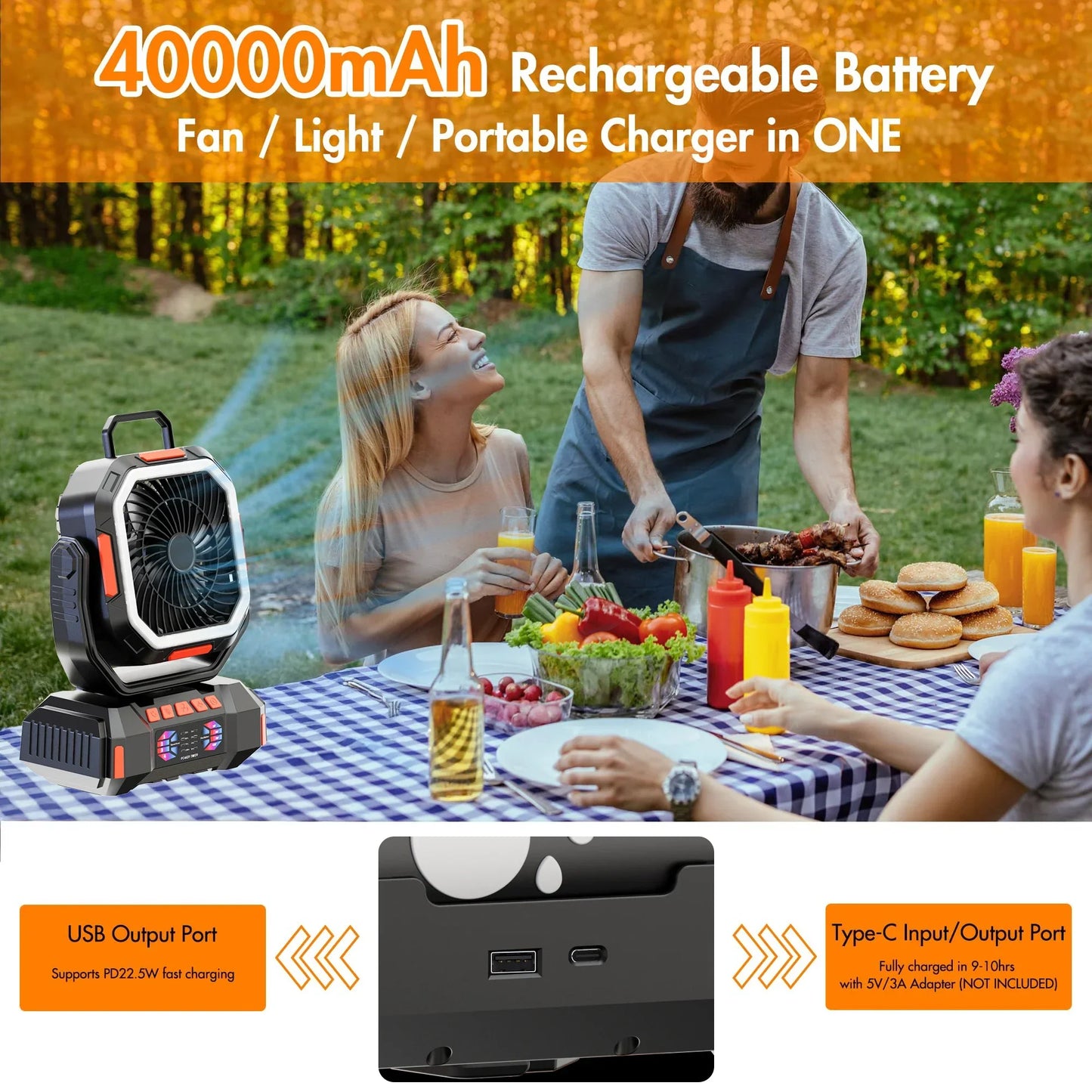 Oplaadbare Campingventilator met 40000mAh Batterij & LED Lantaarn – F22