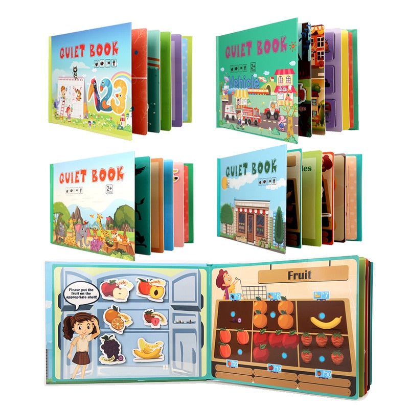 Interactief leerboek voor peuters met klittenband-opdrachten en opbergzakje.