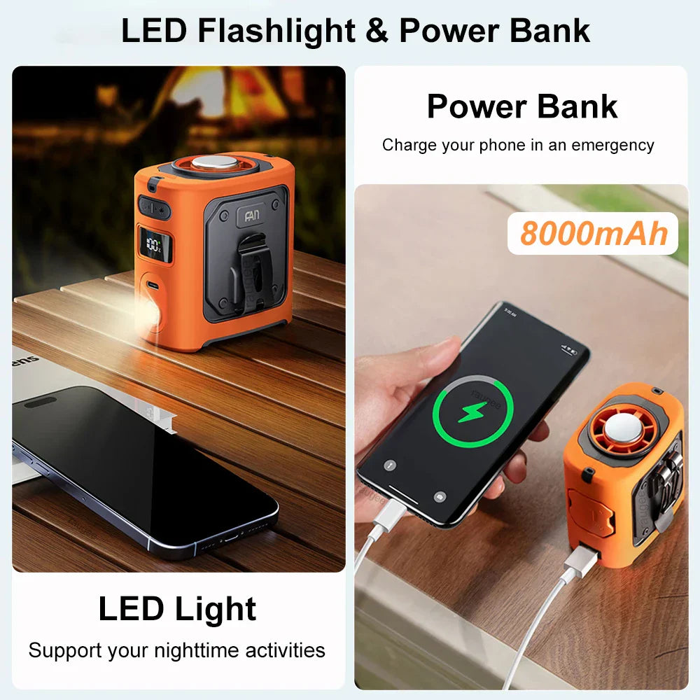 8000mAh Draagbare Koelende Heupventilator met Powerbank & LED Licht – FrostBreeze