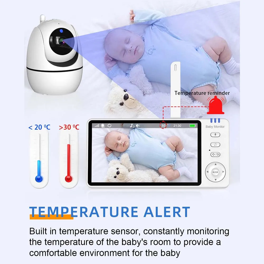 5-Inch HD Video Baby Monitor met Camera, PTZ Zoom en Nachtzicht
