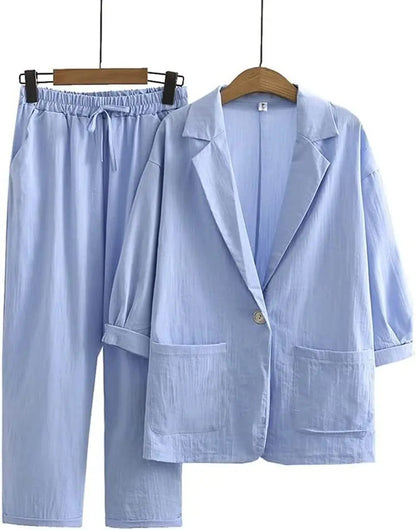 Luchtige & Stijlvolle Tweedelige Damesset met Jasje en Rechte Broek – Sorella
