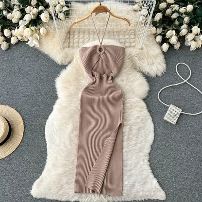Trendy Rugloze Gebreide Maxi Jurk met Zijsplit– Liora