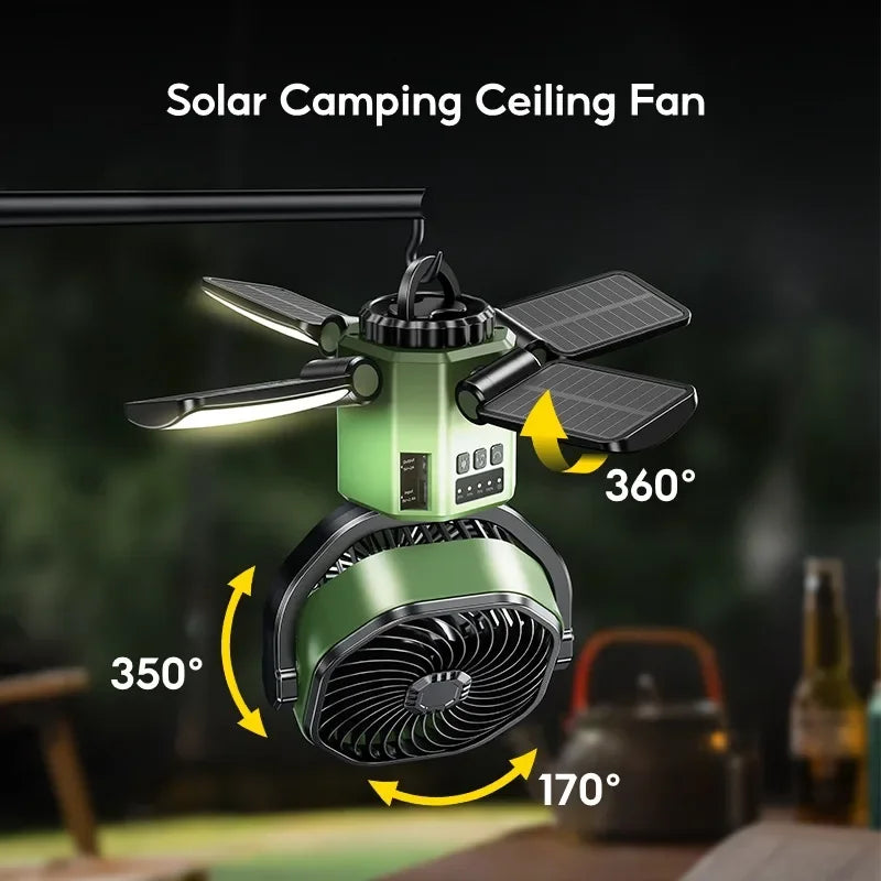 Zonnedraagbare Campingventilator met 6000mAh Batterij, LED-Licht & 4-Snelheden Koeling – SunBreeze