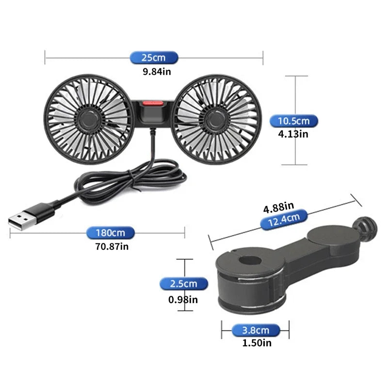 Draagbare USB Dubbelkop Autoventilator 360° Draaibaar met 3 Snelheden – CoolBreeze