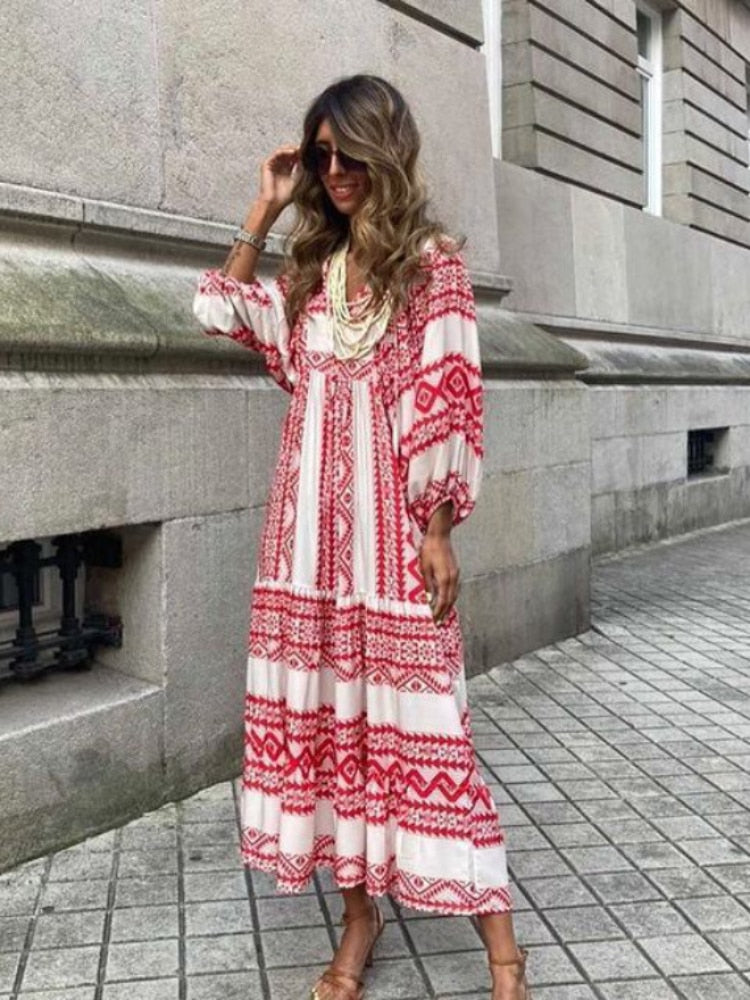 Bedrukte Maxi Jurk met Tailleband – Aurelia