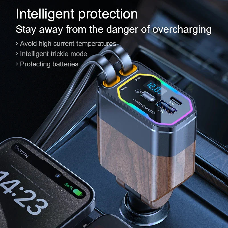 120W 4-in-1 Opvouwbare Auto Oplader met USB-C & Sigarettenaansteker Adapter – Vega
