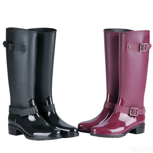 Hoge dames regenlaarzen waterdicht met gespen & blokhak – Elenya