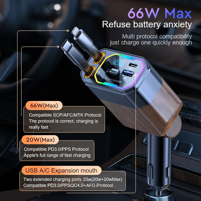 120W 4-in-1 Opvouwbare Auto Oplader met USB-C & Sigarettenaansteker Adapter – Vega