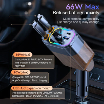 120W 4-in-1 Opvouwbare Auto Oplader met USB-C & Sigarettenaansteker Adapter – Vega