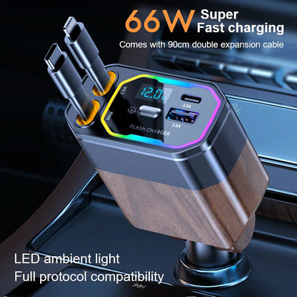 120W 4-in-1 Opvouwbare Auto Oplader met USB-C & Sigarettenaansteker Adapter – Vega