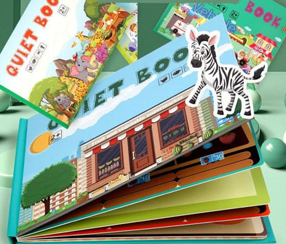 Interactief leerboek voor peuters met klittenband-opdrachten en opbergzakje.