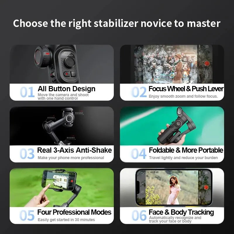 3-Assige Smartphone Gimbal Stabilizer met AI Tracking & Gezichtsdetectie – Alvion