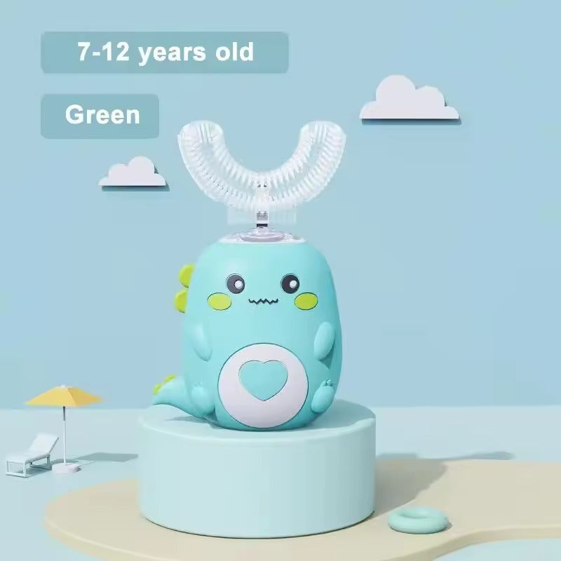 U-vormige kindertandenborstel met sonische reiniging en siliconen opzetstuk.