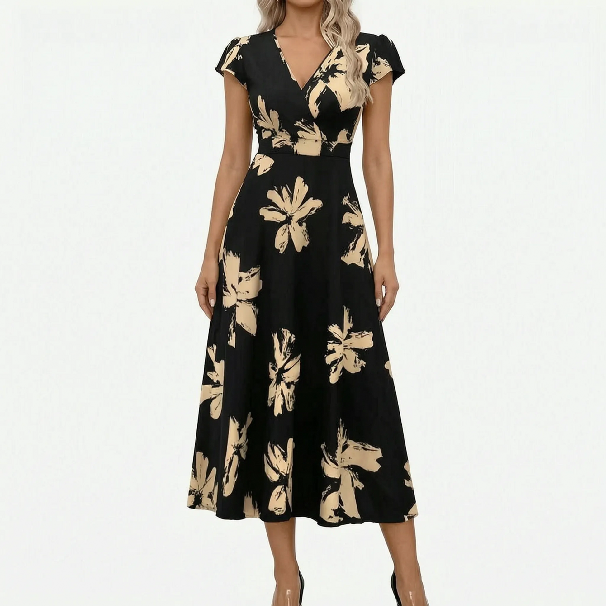 Short Sleeve V-Neck Midi Dress - Janet