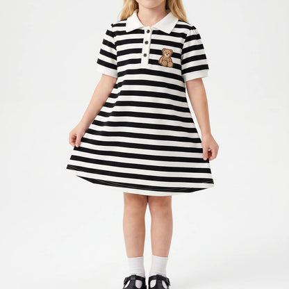 Striped Short-Sleeved A-Line Polo Dress - Cubbela