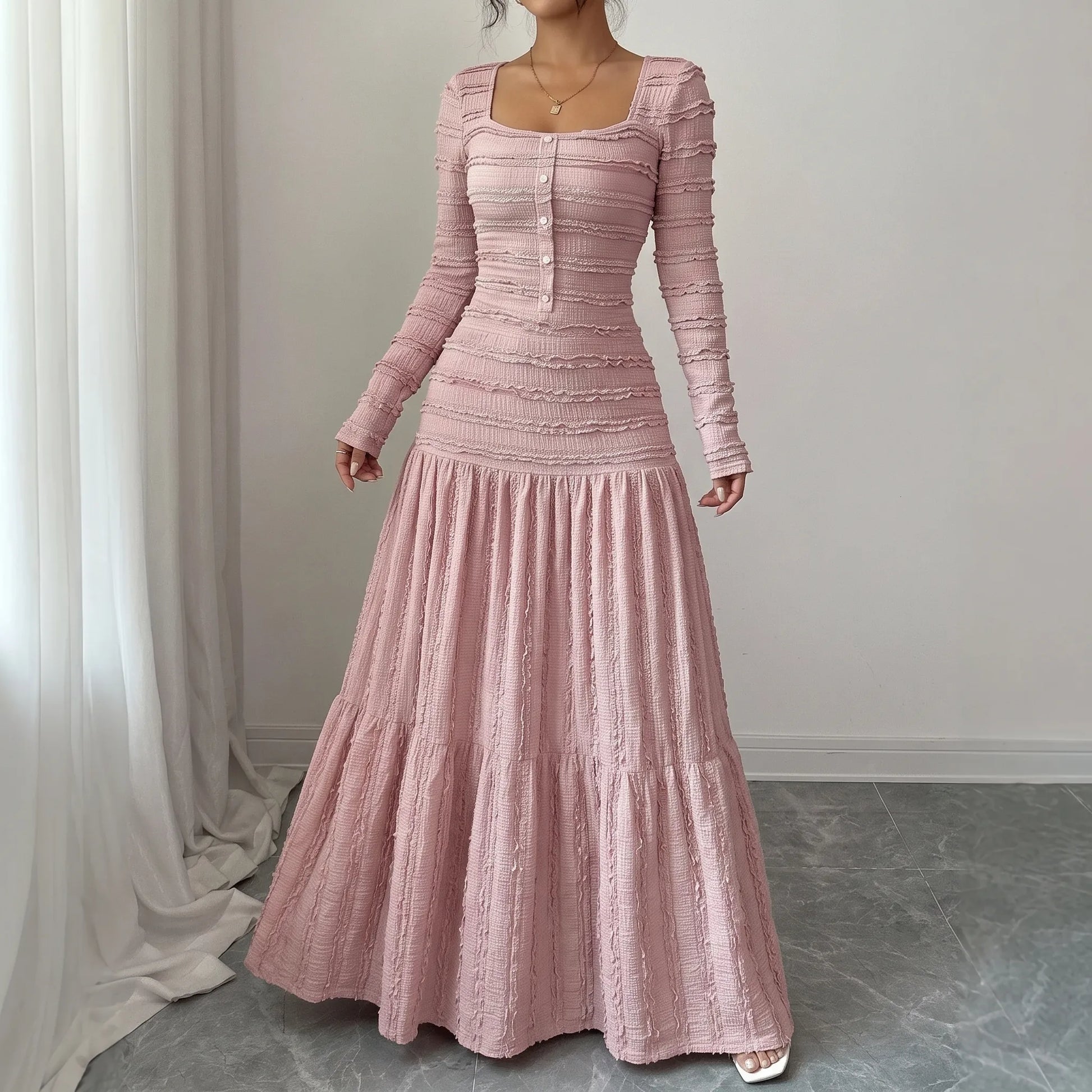 Textured Long Sleeve Tiered Maxi Dress - Rachael