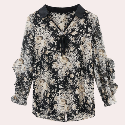 Bloemige Zwarte Blouse met Kraag voor Dames - Noëlle