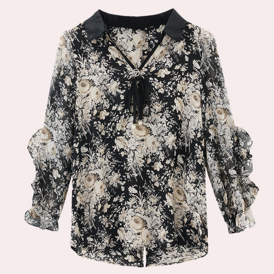 Bloemige Zwarte Blouse met Kraag voor Dames - Noëlle