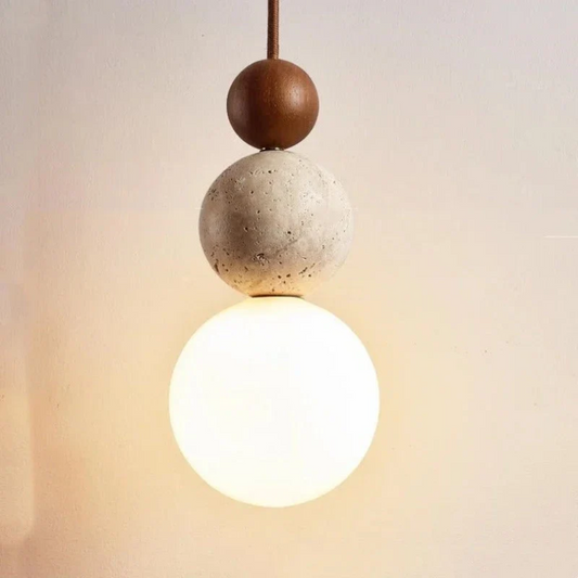 Moderne Travertijn en Mahonie Hanglamp - NaturaLuxe