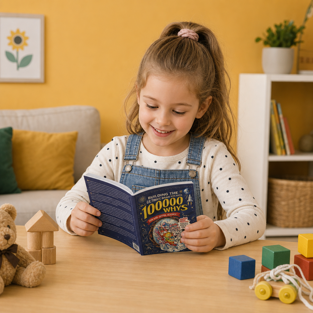 Feiten- en vragenboek voor kinderen met 100.000 waaromvragen, lachend meisje met staart en tuinbroek leest het boek