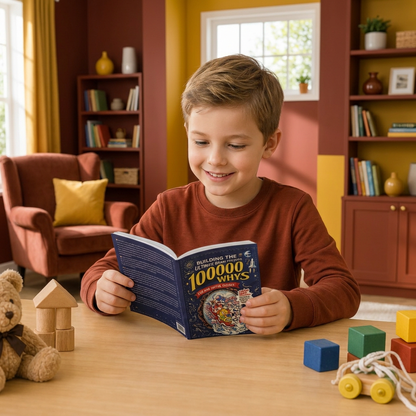 Feiten- en vragenboek voor kinderen met 100.000 waaromvragen, lachende jongen in rode trui met boek