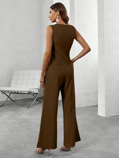 Trendy dames broekpakt met gilet & flare broek – Selina