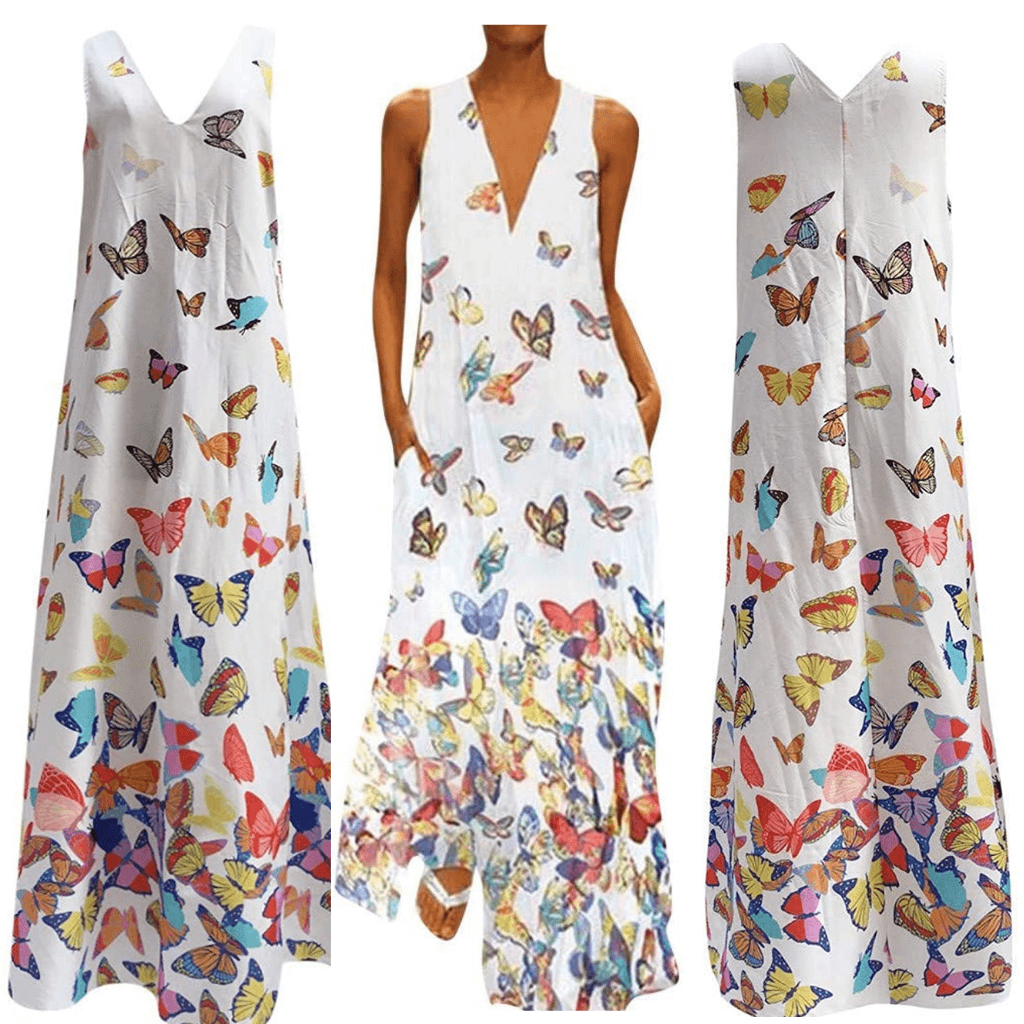 Trendy Mouwloos Maxi Zomerjurk met Vlinderpatroon – Malia