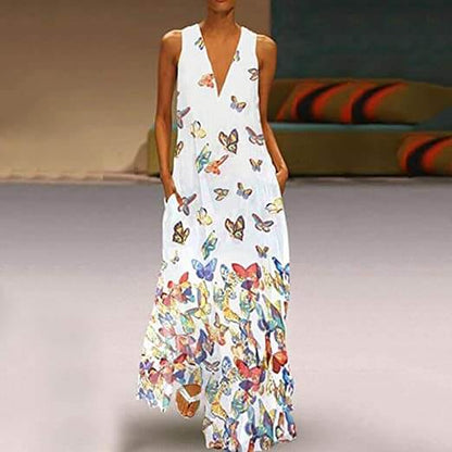 Trendy Mouwloos Maxi Zomerjurk met Vlinderpatroon – Malia