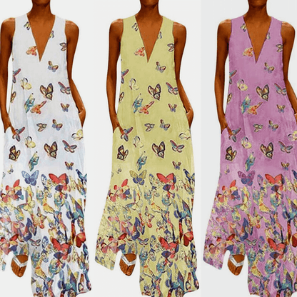 Trendy Mouwloos Maxi Zomerjurk met Vlinderpatroon – Malia